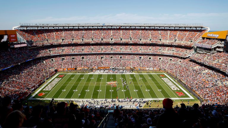  A general overall interior view of FirstEnergy Stadium during an NFL football game between the Cleveland Browns and the New England Patriots on Oct. 16, 2022, in Cleveland. (Kirk Irwin/AP)