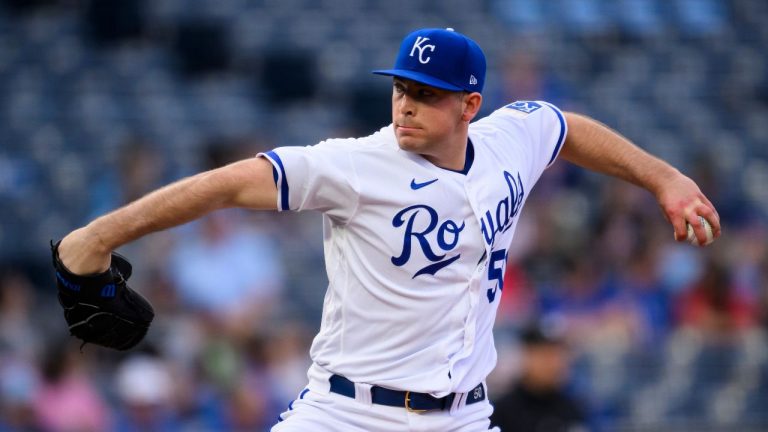 Kansas City Royals starting pitcher Kris Bubic throws during the first inning of a baseball game against the Toronto Blue Jays, Tuesday, April 4, 2023, in Kansas City, Mo. (Reed Hoffmann/AP Photo)