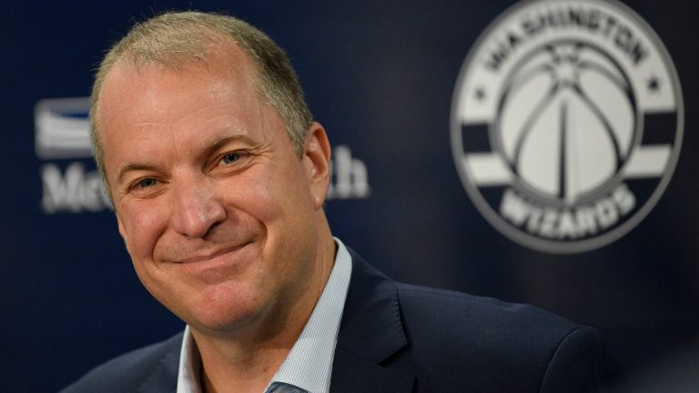 FILE - Washington Wizards general manager Tommy Sheppard smiles at an NBA basketball press conference, Thursday, Sept. 26, 2019, in Washington. (AP Photo/Nick Wass, File)