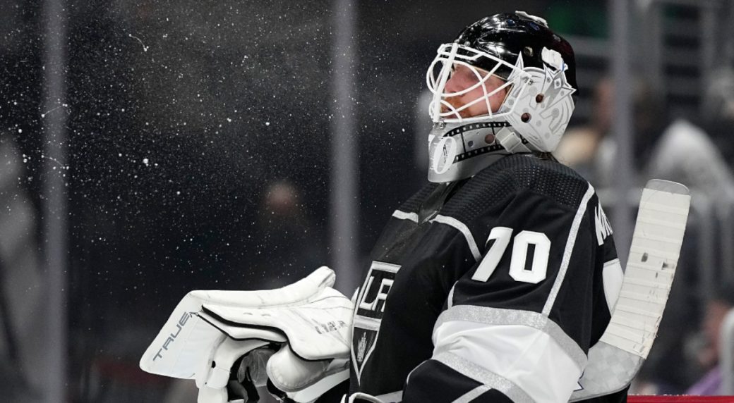 LA Kings Goaltender Jonathan Bernier wearing a Dodgers Hockey jersey.  Awesome!!