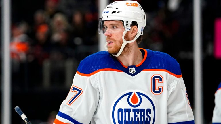 Edmonton Oilers centre Connor McDavid looks over the ice during the second period of the team's NHL hockey game against the Vegas Golden Knights on Tuesday, March 28, 2023, in Las Vegas. (AP) 