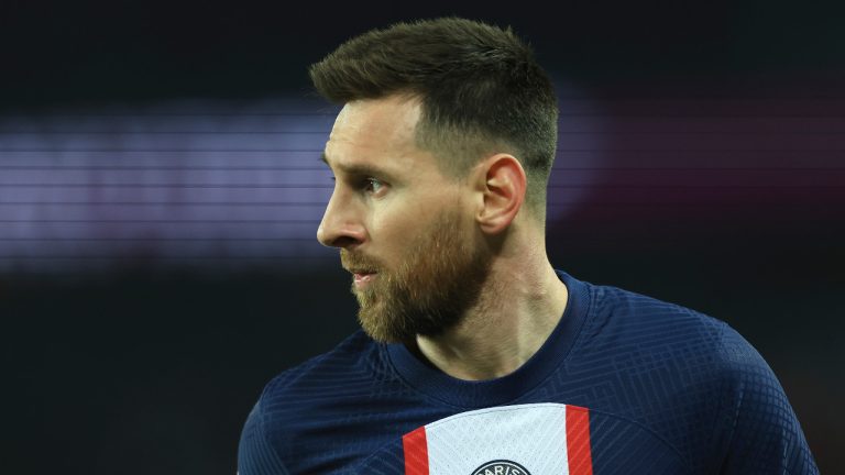 PSG's Lionel Messi reacts during the French League One soccer match between Paris Saint-Germain and Lyon at the Parc des Princes stadium in Paris, Sunday, April 2, 2023. (Aurelien Morissard/AP) 