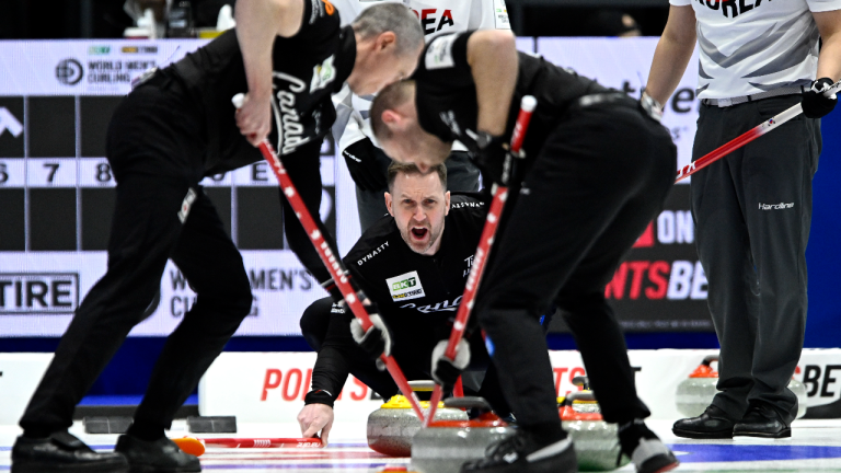 Canada skip Brad Gushue calls out while taking on South Korea at the Men's World Curling Championship in Ottawa, on Wednesday, April 5, 2023. (CP)