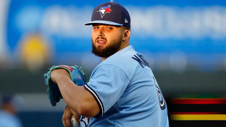 Toronto Blue Jays pitcher Alek Manoah prepares to throw during the first inning of the team's baseball game against the Kansas City Royals in Kansas City, Mo., Wednesday, April 5, 2023. (Colin E. Braley/AP) 