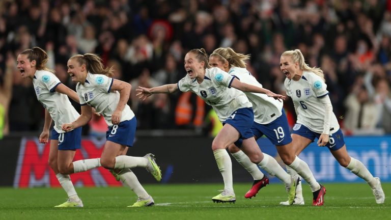 England players celebrate after winning a penalty shootout at the end of the Women's Finalissima soccer match between England and Brazil at Wembley stadium in London, Thursday, April 6, 2023. (Ian Walton/AP)