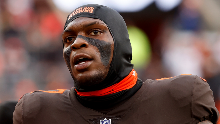 Cleveland Browns defensive tackle Perrion Winfrey stands on the sideline during an NFL football game against the Tampa Bay Buccaneers on Nov. 27, 2022, in Cleveland. (AP, File)