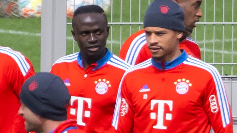 Bayern Munich's Sadio Mane, center left, and Leroy Sane, center right, attend a training session of the German Bundesliga soccer team FC Bayern Munich in Munich, Germany, Thursday, April 13, 2023. (Sven Hoppe/dpa via AP) 