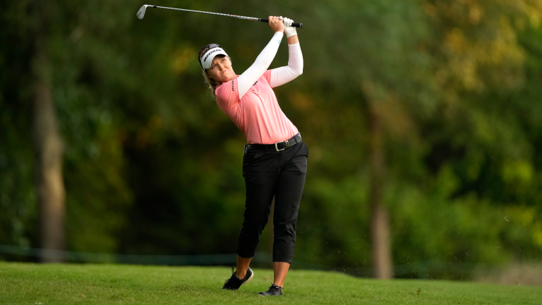 Brooke Henderson, of Canada, hits her second shot on the 15th hole during the second round of The Chevron Championship golf tournament Friday, April 21, 2023, in The Woodlands, Texas. (AP)