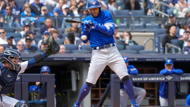 Toronto Blue Jays' George Springer avoids an inside pitch by New York Yankees pitcher Gerrit Cole in the fifth inning of a baseball game, Saturday, April 22, 2023, in New York. (AP)