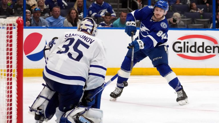 Tampa Bay Lightning winger Tanner Jeannot, seen here taking a shot on Toronto Maple Leafs goaltender Ilya Samsonov during Game 3, is likely out for Game 6. (Chris O'Meara/AP) 