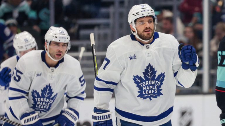 Toronto Maple Leafs defenceman Timothy Liljegren (37) celebrates after scoring a goal on Sunday, Feb. 26, 2023, in Seattle. (Jason Redmond/AP) 