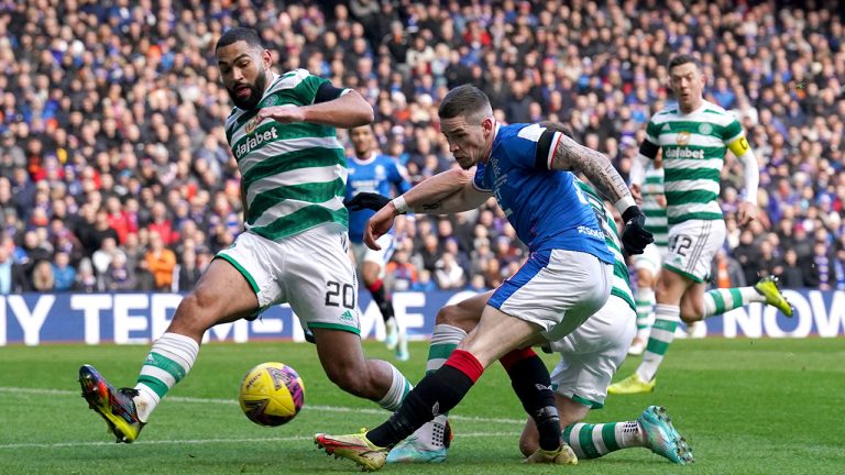 Rangers' Ryan Kent shoots towards goal, during the Scottish Premiership soccer match between Celtic Glasgow and Glasgow Rangers, at Ibrox Stadium, in Glasgow, Scotland, Monday, Jan. 2, 2023. (Andrew Milligan/PA via AP)