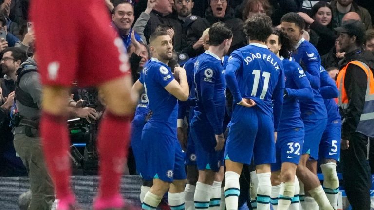 Chelsea's Kai Havertz celebrates with teammates after scores a disallowed goal during the English Premier League soccer match between Chelsea and Liverpool at Stamford Bridge stadium in London, Tuesday, April 4, 2023. (Frank Augstein/AP)