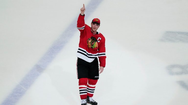 Chicago Blackhawks center Jonathan Toews waves to the crowed after the Flyers defeated the Chicago Blackhawks 5-4 in overtime in Toews' final NHL hockey game with the Blackhawks, Thursday, April 13, 2023, in Chicago. (Nam Y. Huh/AP)