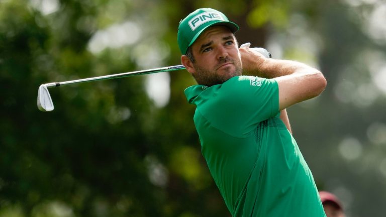 Corey Conners, of Canada, watches his tee shot on the fourth hole during the second round of the Masters golf tournament at Augusta National Golf Club on Friday, April 7, 2023, in Augusta, Ga. (Mark Baker/AP)