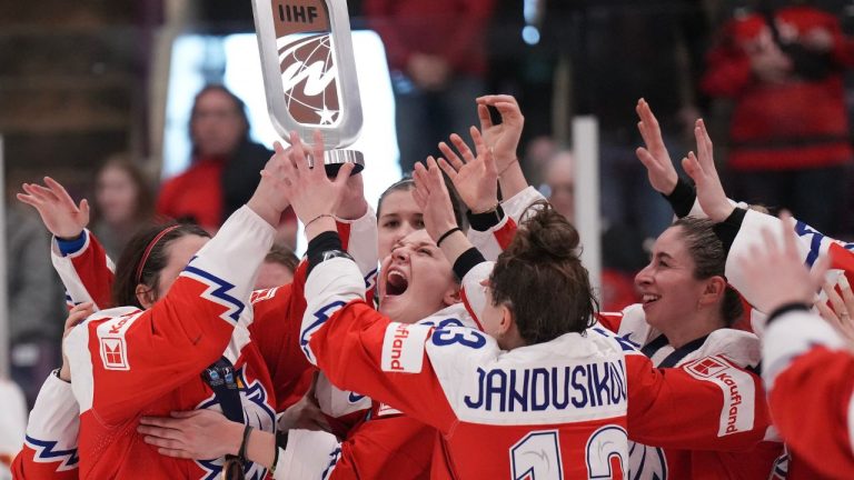 Czechia reacts with the bronze trophy after defeating Switzerland during third period bronze medal IIHF Women’s World Hockey Championship hockey action in Brampton, Ont., on Sunday, April 16, 2023. (Nathan Denette/CP Photo)