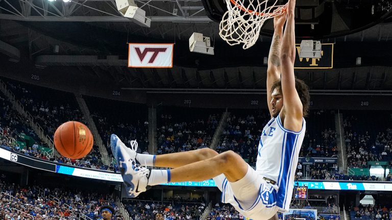 Duke center Dereck Lively II dunks against Pittsburgh during the first half of an NCAA college basketball game at the Atlantic Coast Conference Tournament in Greensboro, N.C., Thursday, March 9, 2023. (Chuck Burton/AP)