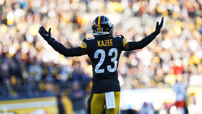 Pittsburgh Steelers safety Damontae Kazee (23) celebrates after his interception during the second half of an NFL football game against the Cleveland Browns in Pittsburgh, Sunday, Jan. 8, 2023. (Matt Freed/AP)