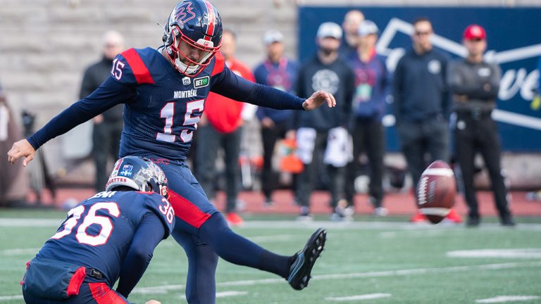 Montreal Alouettes kicker David Cote during a CFL football game against the Ottawa Redblacks in Montreal, Monday, October 10, 2022. (Graham Hughes/CP)