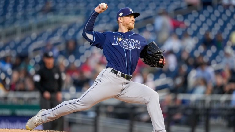 Tampa Bay Rays starting pitcher Drew Rasmussen throws during the first inning of a baseball game against the Washington Nationals at Nationals Park, Monday, April 3, 2023, in Washington.(Alex Brandon/AP)