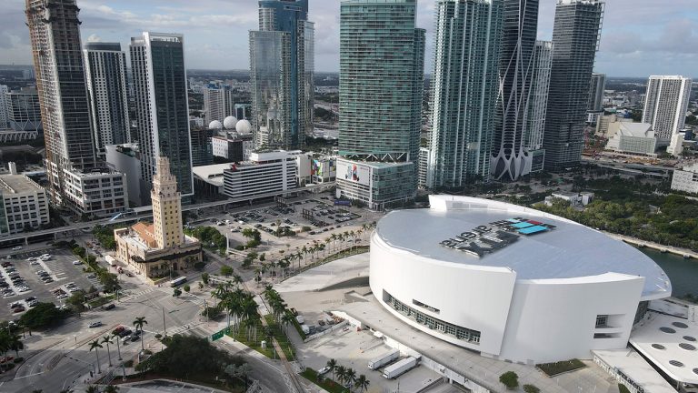 In this photo taken with a drone, the FTX logo is seen on the roof of the FTX Arena, where the Miami Heat NBA basketball team play, Wednesday, Dec. 7, 2022, in downtown Miami. (Rebecca Blackwell/AP)