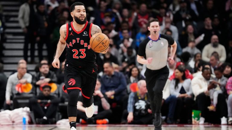 Toronto Raptors guard Fred VanVleet (23) dribbles the ball against the Oklahoma City Thunder as referee Ben Taylor follows during first half NBA basketball action in Toronto on Thursday, March 16, 2023. Frank Gunn/THE CANADIAN PRESS