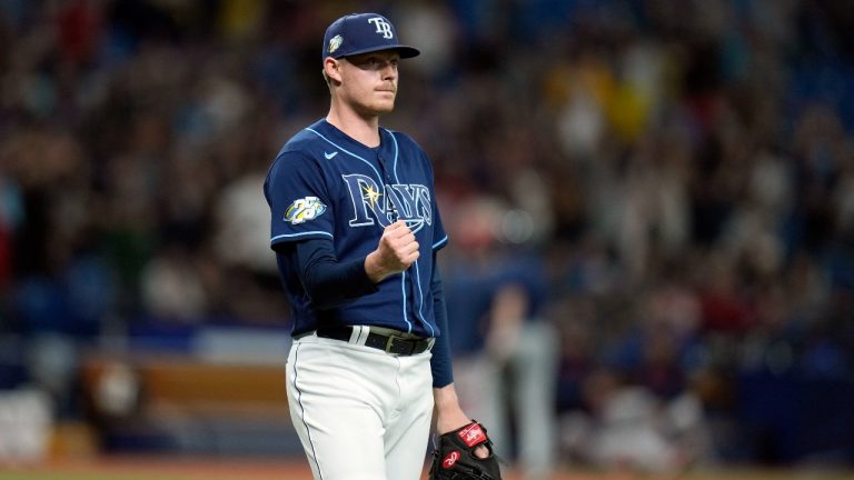 Tampa Bay Rays relief pitcher Pete Fairbanks pumps his fist after closing out the Boston Red Sox during a baseball game Wednesday, April 12, 2023, in St. Petersburg, Fla. (Chris O'Meara/AP)