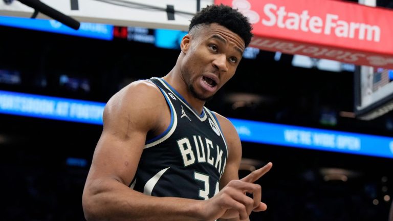 Milwaukee Bucks forward Giannis Antetokounmpo reacts after foul call during the first half of the team's NBA basketball game against the Phoenix Suns, Tuesday, March 14, 2023, in Phoenix. (Rick Scuteri/AP Photo)