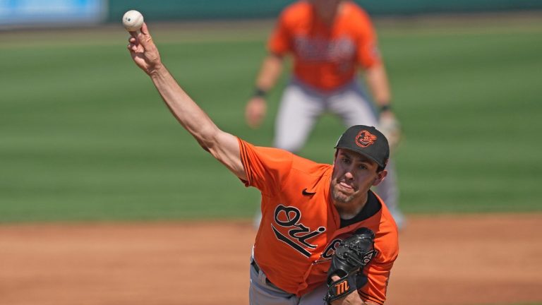 Baltimore Orioles starting pitcher Grayson Rodriguez throws against the Detroit Tigers during the first inning of a spring training baseball game Thursday, March 2, 2023, in Lakeland, Fla. (David J. Phillip/AP)