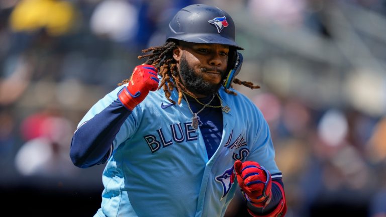 Toronto Blue Jays' Vladimir Guerrero Jr. runs the bases after hitting a two-run home run off New York Yankees starting pitcher Clarke Schmidt (36) in the sixth inning of a baseball game, Sunday, April 23, 2023, in New York. (John Minchillo/AP)