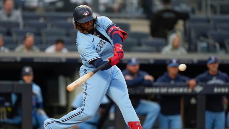 Toronto Blue Jays' Vladimir Guerrero Jr. hits a two-run home run against the New York Yankees during the first inning of the baseball game at Yankee Stadium, Friday, April 21, 2023, in New York. (Seth Wenig/AP)