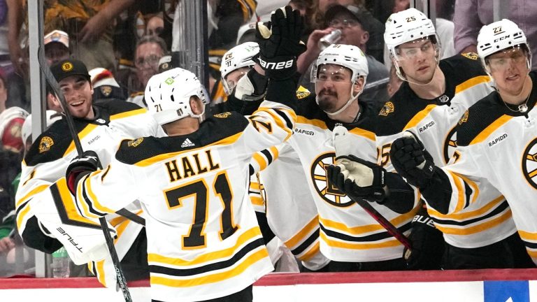 Boston Bruins' Taylor Hall (71) celebrates after scoring a goal during the first period of Game 3 of an NHL hockey Stanley Cup first-round playoff series against the Florida Panthers, Friday, April 21, 2023, in Sunrise, Fla. (Lynne Sladky/AP)