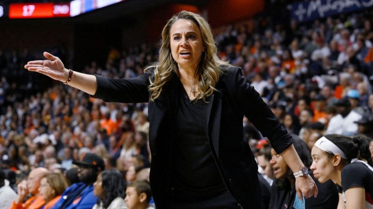 Las Vegas Aces coach Becky Hammon reacts during the first half in Game 3 of the basketball team's WNBA Finals against the Connecticut Sun, Thursday, Sept. 15, 2022, in Uncasville, Conn. (Jessica Hill/AP Photo)