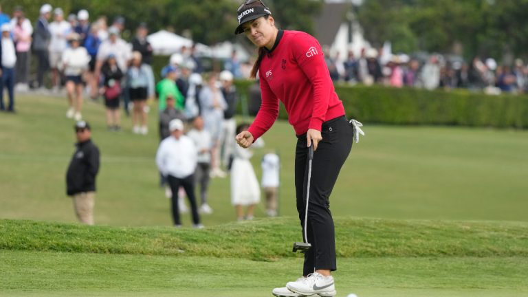 Hannah Green celebrates after making a putt to send her into a playoff on the 18th green during the final round of the LPGA LA Championship golf tournament at Wilshire Country Club, Sunday, April 30, 2023, in Los Angeles. (Marcio Jose Sanchez/AP)