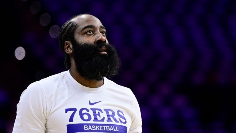 Philadelphia 76ers' James Harden walks the court prior to Game 2 in the first round of the NBA basketball playoffs against the Brooklyn Nets, Monday, April 17, 2023, in Philadelphia. (Derik Hamilton/AP Photo)