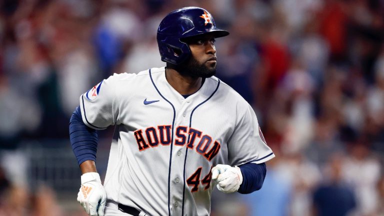 Houston Astros' Yordan Alvarez runs the bases after hitting a two run home run during the ninth inning of a baseball game against the Atlanta Braves, Friday, April 21, 2023, in Atlanta. (Butch Dill/AP)