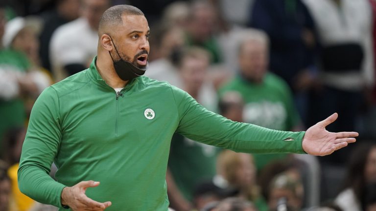 Former Boston Celtics coach Ime Udoka reacts during the fourth quarter of Game 6 of basketball's NBA Finals against the Golden State Warriors, Thursday, June 16, 2022, in Boston. (Steven Senne/AP)