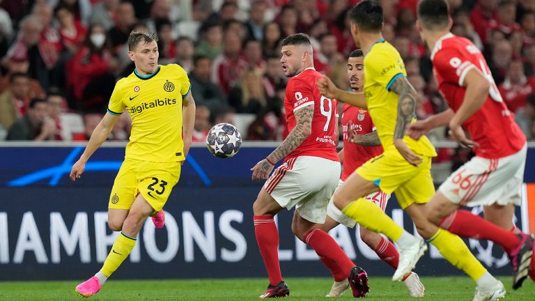 Inter Milan's Nicolo Barella, left, vies for the ball with Benfica's Morato during the Champions League quarter final first leg soccer match between Benfica and Inter Milan at Luz stadium in Lisbon, Tuesday, April 11, 2023. (Armando Franca/AP)