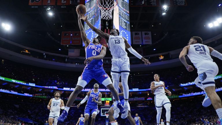 Philadelphia 76ers' Tyrese Maxey (0) goes up for a shot against Memphis Grizzlies' Jaren Jackson Jr. (13) during the second half of an NBA basketball game, Thursday, Feb. 23, 2023, in Philadelphia. (Matt Slocum/AP)