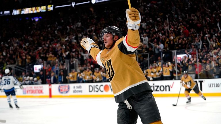 Vegas Golden Knights center Jack Eichel celebrates his goal against the Winnipeg Jets during the second period of Game 2 of an NHL hockey Stanley Cup first-round playoff series Thursday, April 20, 2023, in Las Vegas. (Lucas Peltier/AP)