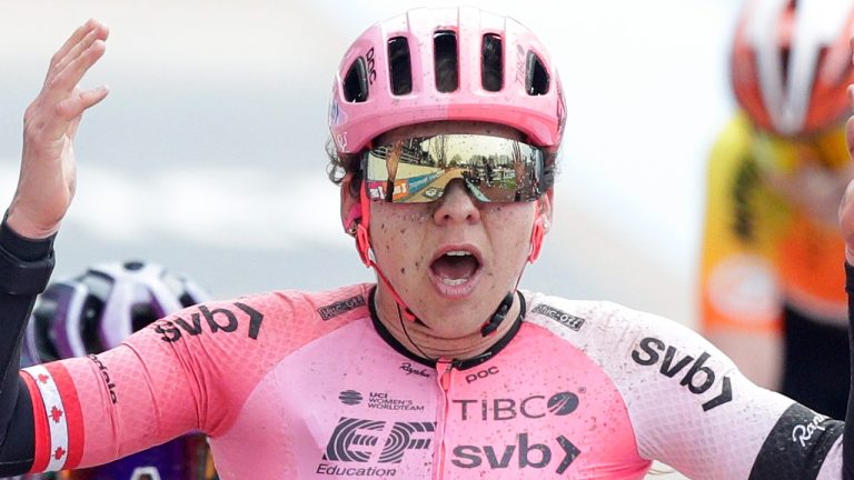 Alison Jackson of Canada celebrates as she crosses the finish line to win the women's Paris Roubaix, a 145 kilometer (90 miles) one-day-race, at the velodrome in Roubaix, northern France, Saturday, April. 8, 2023. (Michel Spingler/AP Photo)