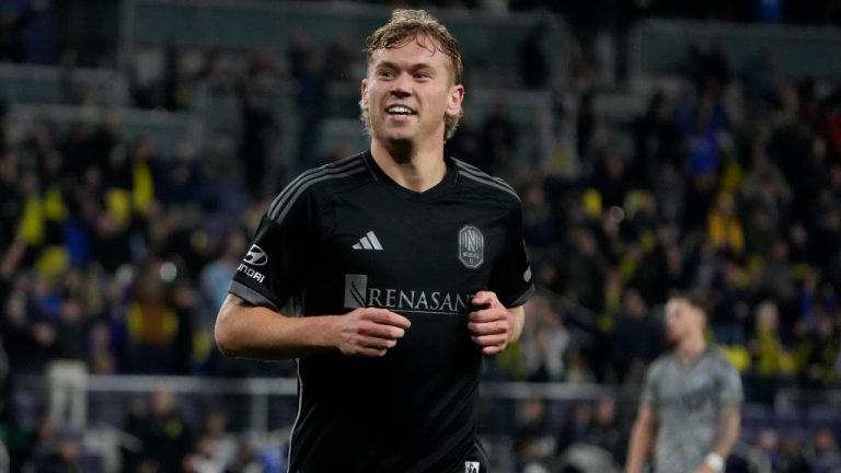 Nashville SC forward Jacob Shaffelburg celebrates after scoring a goal against CF Montreal in the first half of an MLS soccer game, Saturday, March 11, 2023, in Nashville, Tenn. (Mark Humphrey/AP)