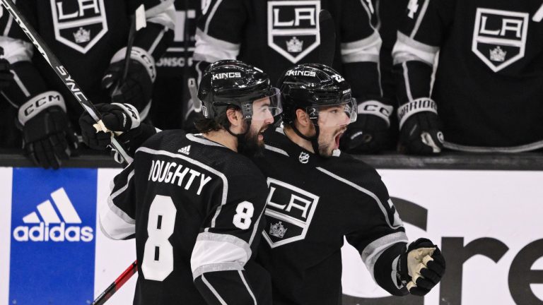 Los Angeles Kings' Kevin Fiala, right, celebrates with Drew Doughty after scoring against the Edmonton Oilers during the second period in Game 6 of an NHL hockey Stanley Cup first-round playoff series in Los Angeles on Saturday, April 29, 2023. (Keith Birmingham/AP)