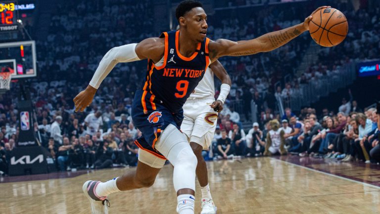 New York Knicks' RJ Barrett grabs a rebound during the first half of Game 5 of the team's NBA basketball first-round playoff series against the Cleveland Cavaliers on Wednesday, April 26, 2023, in Cleveland. (Phil Long/AP)