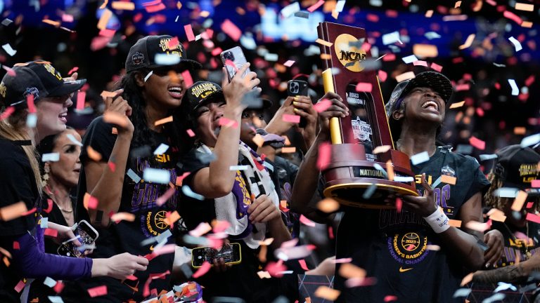 LSU players celebrate after the NCAA Women's Final Four championship basketball game against Iowa Sunday, April 2, 2023, in Dallas. LSU won 102-85 to win the championship. (Tony Gutierrez/AP)