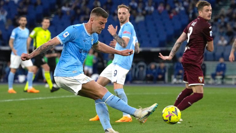 Lazio's Sergej Milinkovic-Savic makes an attempt to score during the Italian Serie A soccer match between Lazio and Torino at the Stadio Olimpico stadium in Rome, Italy, Saturday, April 22, 2023. (Alessandra Tarantino/AP)