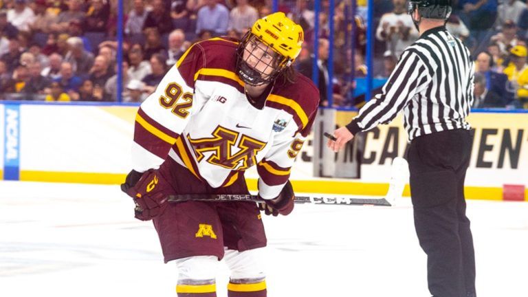 Minnesota forward Logan Cooley pauses during a Frozen Four semifinal game against Boston University at Amalie Arena, in Tampa Fla., on Thursday, April 7, 2023. (Paul Barnick/Sportsnet)