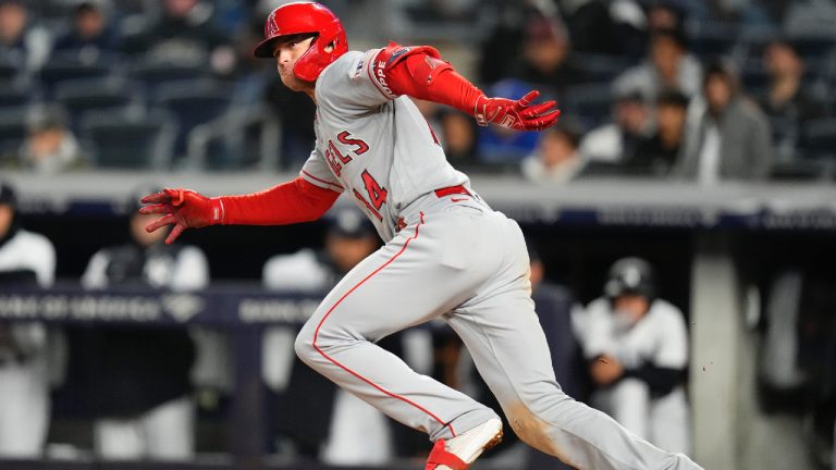 Los Angeles Angels' Logan O'Hoppe runs for a single during the ninth inning of a baseball game against the New York Yankees Tuesday, April 18, 2023, in New York. (Frank Franklin II/AP)