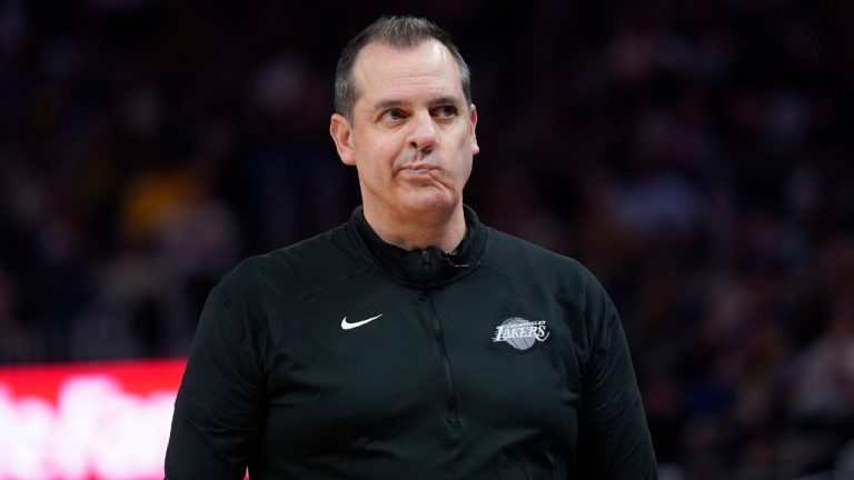 Former Los Angeles Lakers coach Frank Vogel walks along the sideline during the second half of the team's NBA basketball game against the Golden State Warriors in San Francisco, Thursday, April 7, 2022. (Jeff Chiu/AP)