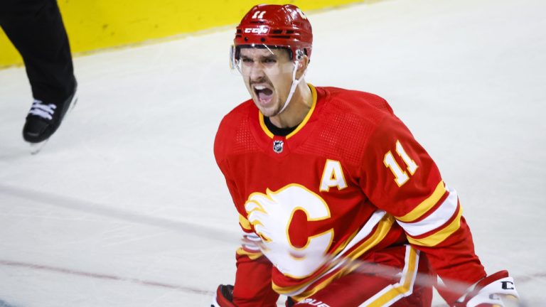 Calgary Flames forward Mikael Backlund celebrates his goal during third period NHL hockey action against the Vegas Golden Knights in Calgary, Tuesday, Oct. 18, 2022. (Jeff McIntosh/CP)